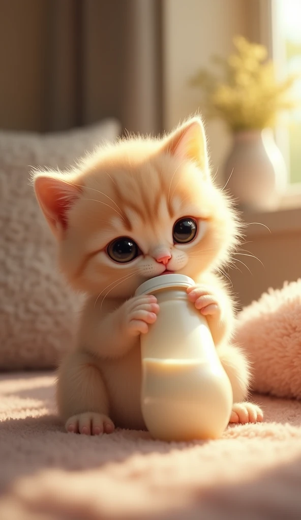 A fluffy kitten, with big, round eyes, gently suckling on a baby bottle filled with milk. The kitten's small paws grasp the bottle as it drinks, set against a cozy living room background.