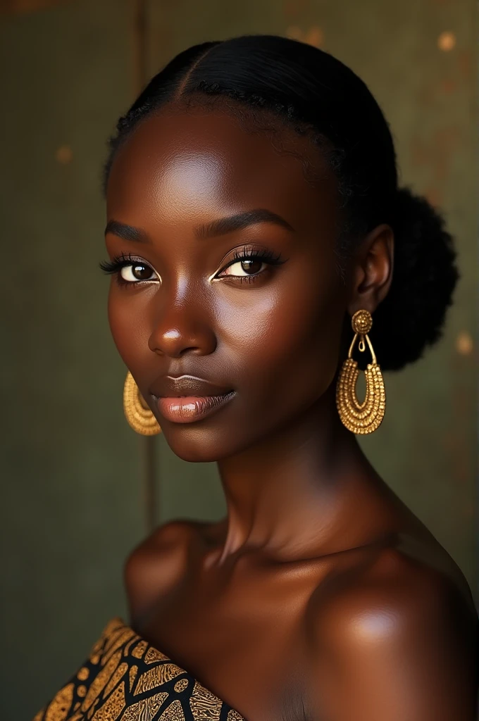 The embodiment of African beauty, her skin a deep, velvety ebony and her eyes a mesmerizing shade of brown, radiating confidence and allure.