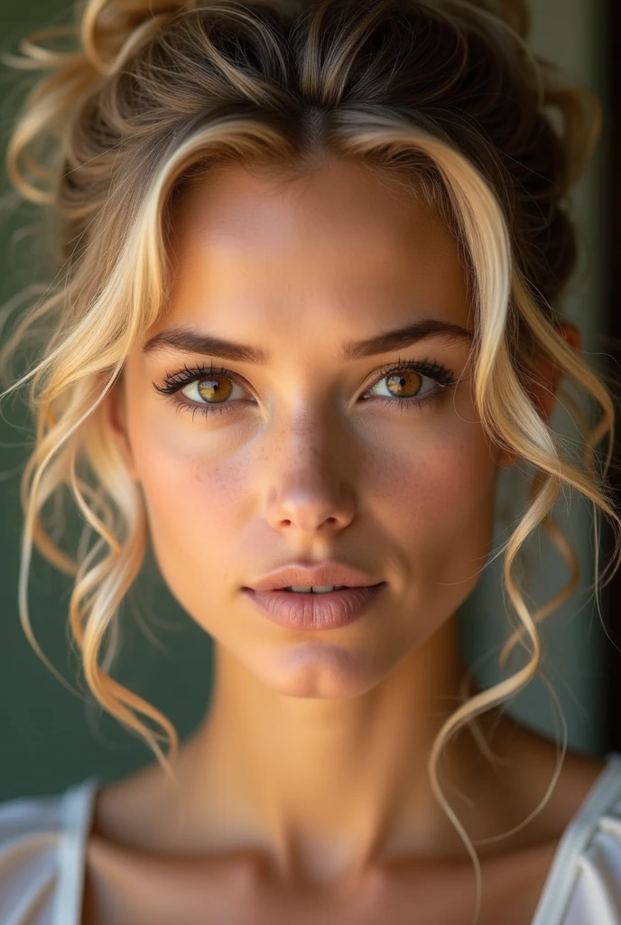 Facing the camera, woman with curly blond hair tied up, Brown eyes, fine nose, tanned complexion