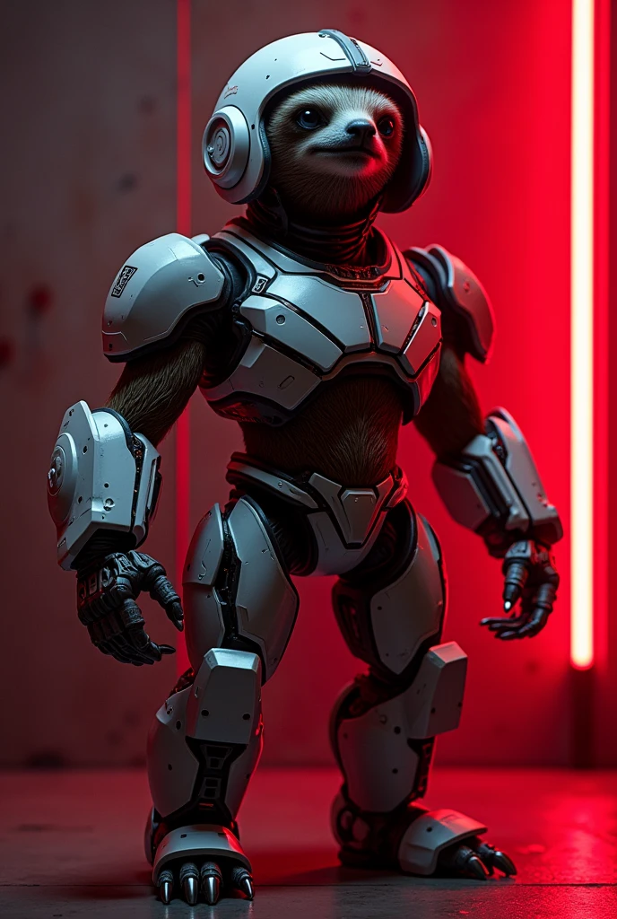 Sloth with transformers costume and helmet in standing with red neon ligh glowing