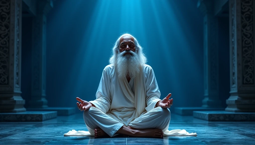 (best quality,4k,8k,highres,masterpiece:1.2),ultra-detailed,(realistic,photorealistic,photo-realistic:1.37),portrait,((Sadhguru:1.1)) meditating,yogi with long white beard, HAPPY SMILING, deep concentration,,body relaxed,lotus position,serenity and wisdom reflecting, front angle, Big light，hinduism, NAVY BLUE ROYAL BACKGROUND majestic, in the center ON STAGE LIKE SADHGURU, facing the camera, Beautiful image, epic cinematic shot, Ultra photo realsisim, 8K, 