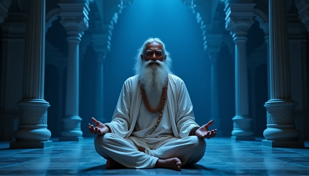 (best quality,4k,8k,highres,masterpiece:1.2),ultra-detailed,(realistic,photorealistic,photo-realistic:1.37),portrait,((Sadhguru:1.1)) meditating,yogi with long white beard, HAPPY SMILING, deep concentration,,body relaxed,lotus position,serenity and wisdom reflecting, front angle, Big light,hinduism, NAVY BLUE ROYAL BACKGROUND majestic, in the center ON STAGE LIKE SADHGURU, facing the camera, Beautiful image, epic cinematic shot, Ultra photo realsisim, 8K,