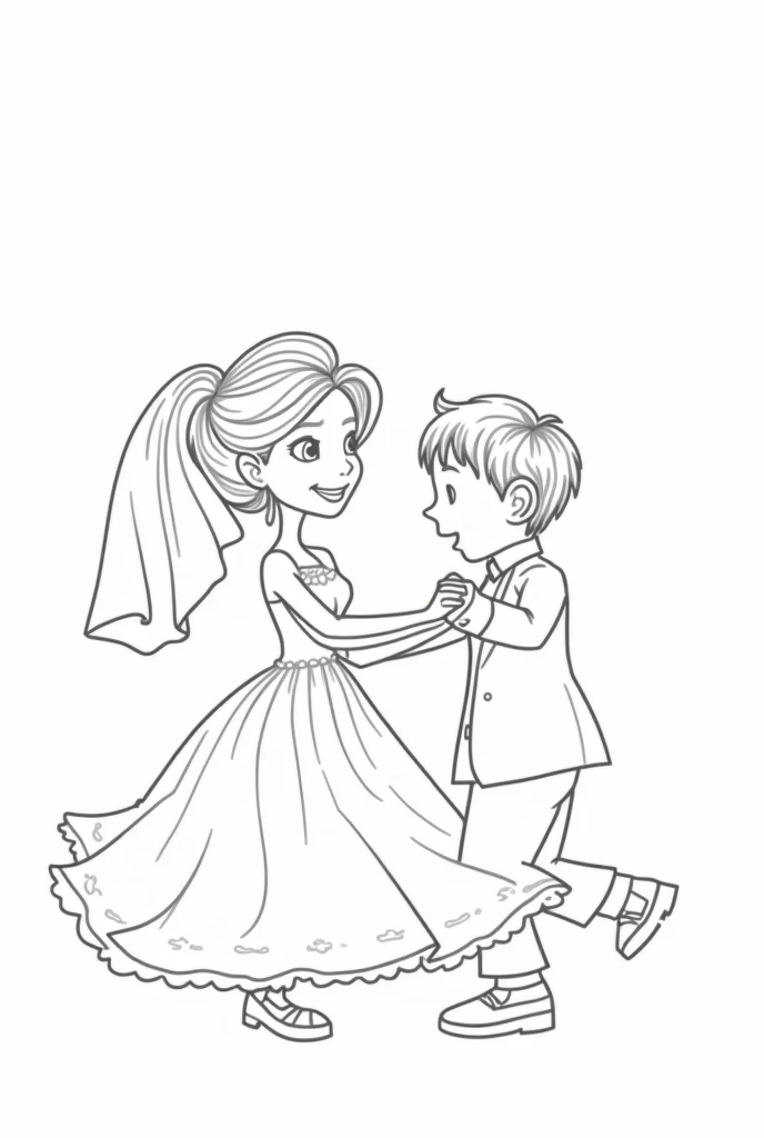 A line art for a children's coloring book with a Pixar-style wedding theme of the bride and groom waltzing at the wedding