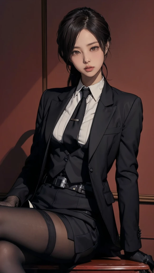 Jennie kim sexy Resident Evil 4, Ada Wong, sitting on chair, 1girl, makeup, silky hair, fully clothed, skirt suit, suit and tie, (((three-piece suit))), silk dress shirt, shirt and tie, necktie, ((blazer)), ((suit jacket)) ((waistcoat)), bodycon miniskirt, pantyhose, tights, stockings, ((red lipstick)), ((pinstripe suit)), high heels, belt, tie clip, pocket square, tailored suit, (((black gloves)))