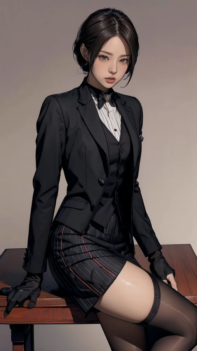 Jennie kim sexy Resident Evil 4, Ada Wong, sitting on chair, 1girl, makeup, silky hair, fully clothed, skirt suit, suit and tie, (((three-piece suit))), silk dress shirt, shirt and tie, necktie, ((blazer)), ((suit jacket)) ((waistcoat)), bodycon miniskirt, pantyhose, tights, stockings, ((red lipstick)), ((pinstripe suit)), high heels, belt, tie clip, pocket square, tailored suit, (((black gloves)))