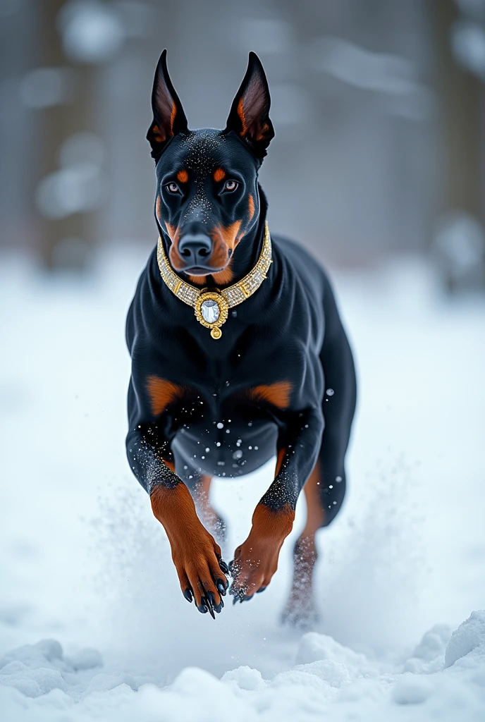 black dobermann dog running in the snow, the dog wearing gold and diamond collar,  glitter, particle, fish eyes, hdr, udh, 8k, masterpiece, snow particles spreading on its legs while its running