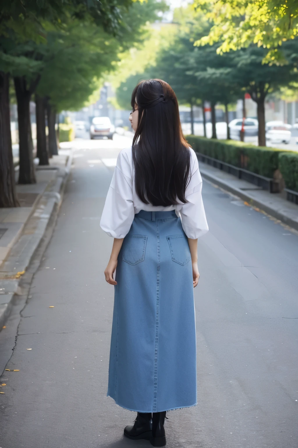 woman, eautiful, Korean, long hair, styled, back view, she wears fashionable clothes.