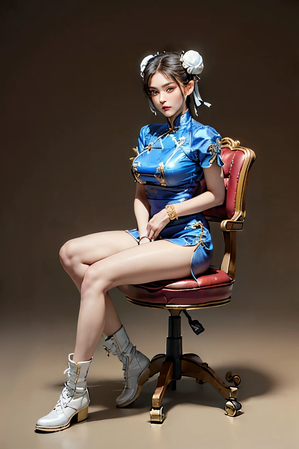 (RAW shooting:1.2, Photoreal:1.2, 8k:1.2, highest quality:1.2, masterpiece:1.2, ultra high resolution:1.2), (perfect dynamic composition:1.2, Highly detailed skin and facial textures:1.2,beautiful and aesthetic:1.2,full body:1.2, Fair skin:1.2),(perfect limbs:1.2), (perfect fingers:1.2),((1girl:1.2, tall:1.2,makeup:1.2,asian:1.2,(sitting:1.2,chair:1.2,legs together:1.2),(simple background:1.2),(full body:1.2, chunli:1.2, Bun head wearing bun cover:1.2, boots:1.2, bracelet:1.2, brown pantyhose:1.2, china dress:1.2, chinese clothes:1.2, cross-laced footwear:1.2, dress:1.2, gold trim:1.2, jewelry:1.2, pelvic curtain:1.2, puffy sleeves:1.2, sash:1.2, short sleeves:1.2, side slit:1.2, spiked bracelet:1.2, spikes and white footwear:1.2, beauty face:1.2,big eyes:1.2, big breast:1.2, thick thigh:1.2,