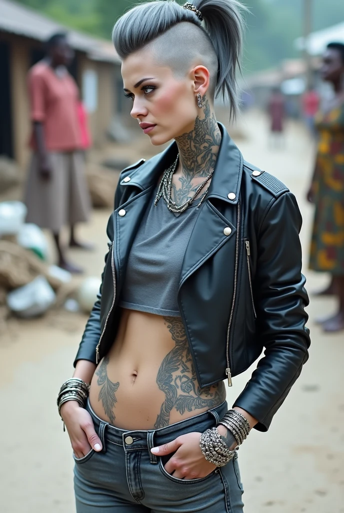 russian milf woman, grey hair (pouf, shaved sides, top bun), with very light blue eyes, extremely pale skin. All neck tattooed. All stomach tattoed. All chest tattooed.All hands tattooed.Wearing aged black moto jacket with lots of zippers and pins, flipped up collar. Cropped dark grey t-shirt with rock band logo. Dark grey skinny low rise jeans.. wide black studded belt. hands in pockets, chin up, stretching her neck , humble facial expression.. Listening with tilted head, looking up to somebody more clever speaking to her. Well toned abdominals, thin neck, slim legs and thin arms. Narrow hips. Dirt street in Kenyan village full of waste. Lots of silver bracelets. A lot of tanned fat women in traditional dresses around looking down at her