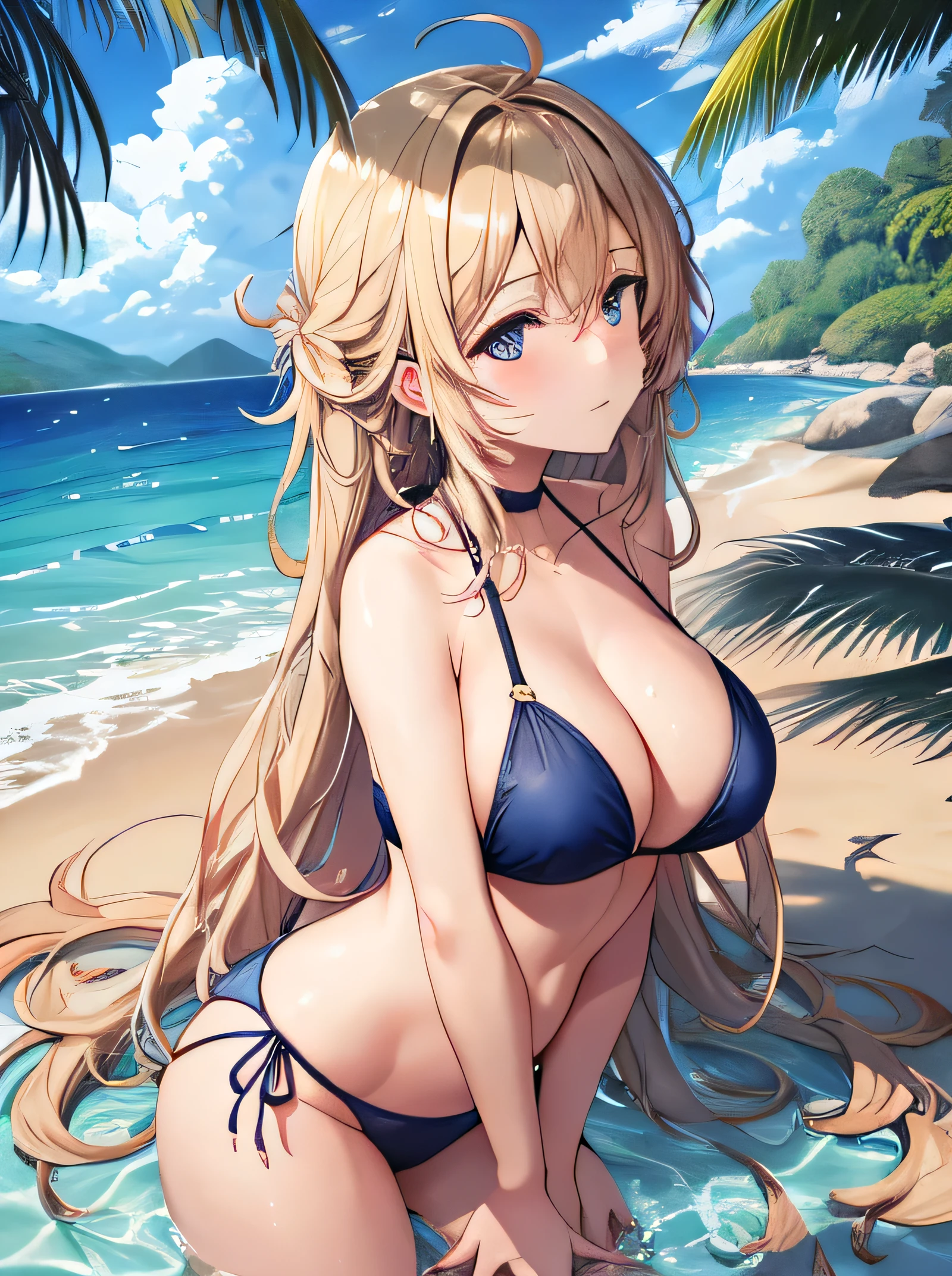 ((large boob)), tiny bikini, thick thigh, leaning forward, squished boob, chubby, belly, big butt, sweaty, cute face, small face, summer, long hair, blond hair, girl, sweaty, blue ocean, blue sky