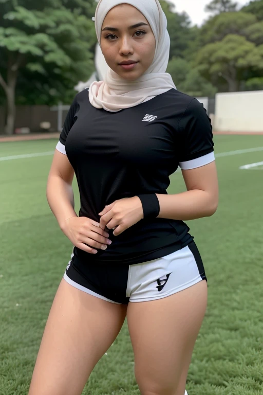 RAW, Best quality, high resolution, Masterpiece: 1.3), Beautiful malay woman in rugby outfit wearing shawl style hijab, non naked, wearing jersey outfit, ((2 females, groping each others breasts, breasts groping)), flawless face, cute face, pretty malay face, beautiful white teeth, Masterpiece, Perfect plump body, full body, sexy rugby outfit, tight breasts, short hair, ((wearing black shawl style hijab, wide and long hijab)), covered in cum, soaked in semen, beautiful big eyes, watery eyes, Soft smile, breezy, skin details, skin texture details, wide hips, thick thighs, sexy plump body, morning time, happy, bright sunshine, at football field, blurred background, bokeh, ((white, black and grey outfit, wearing baggy rugby jersey shirt short sleeves, wearing black handsocks, wearing tight shorts, wearing black long socks, wearing sweater)), ((standing, sexy legs)), ((hands above breasts)), ((wearing long black gloves))
