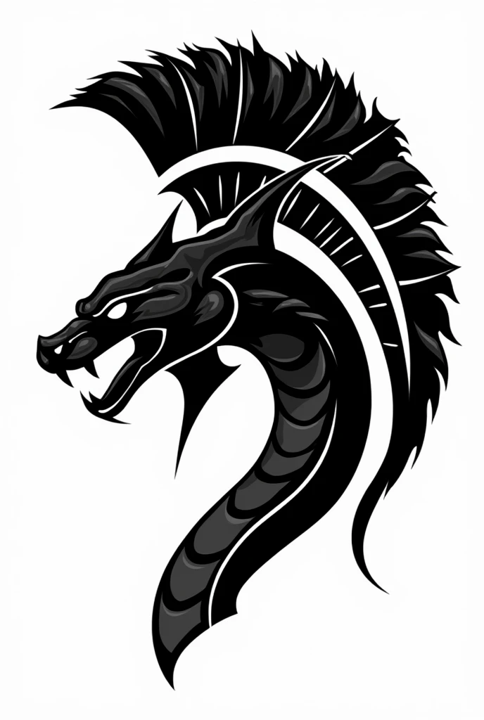 Create a snake head using spartan helmet, white background, black subject, icon, clip art, side view