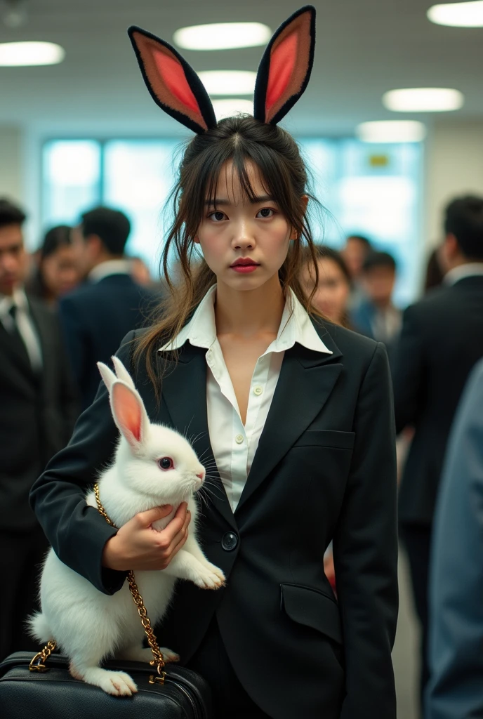 A photo of a seductive Japanese woman, 30 years old, wearing a bunny girl costume, an elegantly dressed suit and a business shirt with the top button undone, smiling calmly and talking to the woman beside her, taken from an oblique angle in a crowded office.、Her hair is in rainbow-colored dreadlocks and she has rabbit ears on top of her head.、The photo shows her with a small chest and a calm expression.、It shows her inner peace and outer charm.。The rabbit next to her is holding a business bag and staring at the woman from below.。