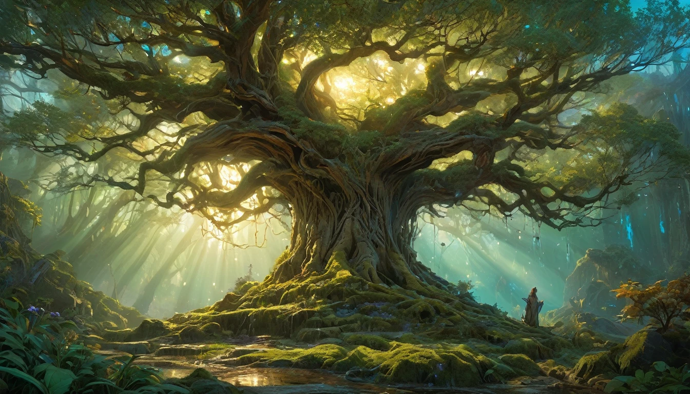 (anime, fantasy, sentient tree), (detailed CG unity 8k wallpaper, masterpiece, best quality, highly detailed, HDR:1.2), an old sentient tree who knows the secret of the universe, old weathered tree, wisdom, heavenly atmosphere. {4k texture} {detailed landscape}, vibrant color, intricate, ethereal lighting. From Brian Froud and Carne Griffiths and Wadim Kashin and John William Waterhouse