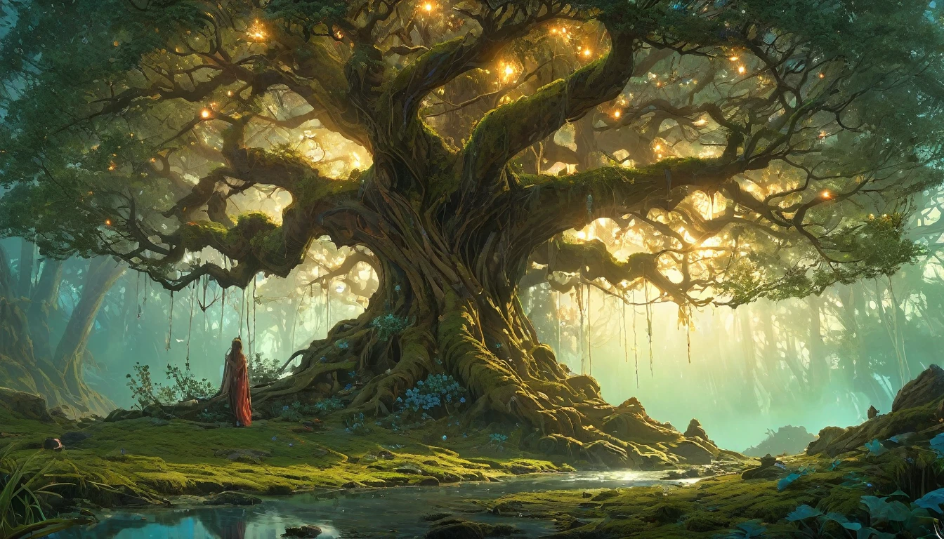 (anime, fantasy, sentient tree), (detailed CG unity 8k wallpaper, masterpiece, best quality, highly detailed, HDR:1.2), an old sentient tree who knows the secret of the universe, old weathered tree, wisdom, heavenly atmosphere. {4k texture} {detailed landscape}, vibrant color, intricate, ethereal lighting. From Brian Froud and Carne Griffiths and Wadim Kashin and John William Waterhouse