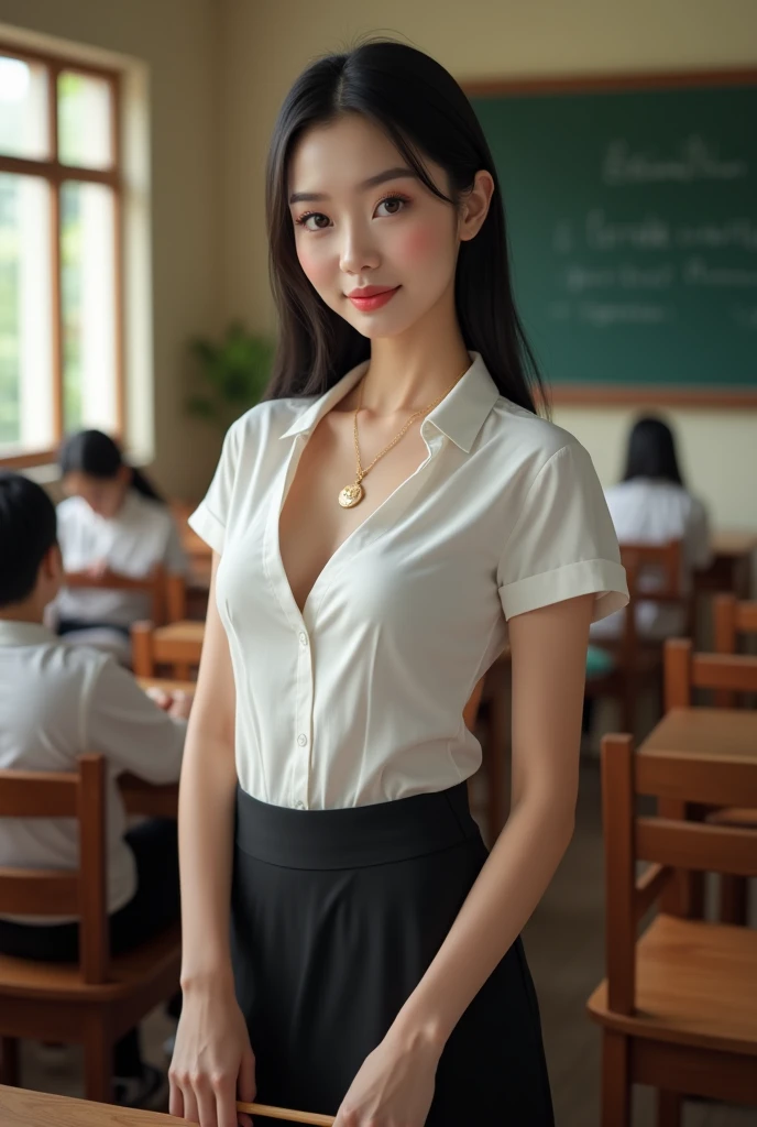 Beautiful Thai girl with smooth skin, black hair, dark brown eyes, gold pendant (medium chest), wearing Thai teacher's outfit, white short-sleeved shirt, black short skirt, slim fit, holding a small wooden stick in her hand, standing and posing in the classroom, background is a classroom, student desks and chairs, the most realistic image