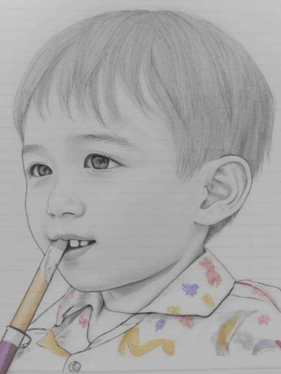A picture of a boy smiling with his hand on his chest, a Pencil sketch, Realism drawing, Pencil sketch, Realistic sketch, Close-up portrait, pencil drawing, Realistic portraits, Professional sketching, cute portrait, hyperRealistic sketch, pencil on paper, Detailed portrait, Traditional portrait, loose Pencil sketch, Professional portrait, Art sketch, Realistic Graphite, Very Detailed Portrait The index finger and thumb of the left hand、Please generate a clean state where you have nothing.。Your front teeth look beautiful、Please create a beautiful alignment of your teeth.。Create a cute 。