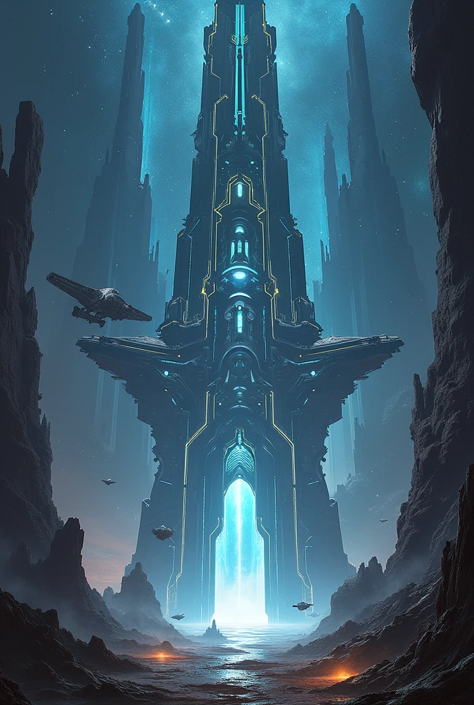 ((masterpiece)),(Best Quality)),Magnificent space image scene.,Interstellar,Huge stargates,spaceship, a central tower