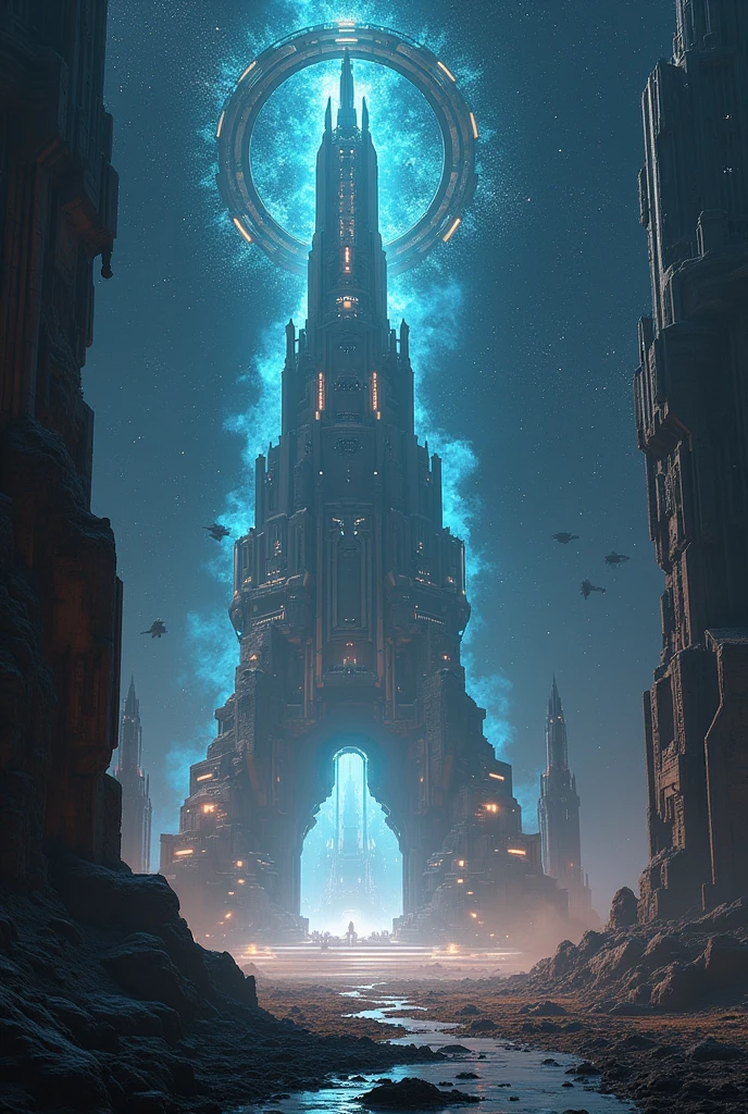 ((masterpiece)),(Best Quality)),Magnificent space image scene.,Interstellar,Huge stargates,spaceship, a central tower
