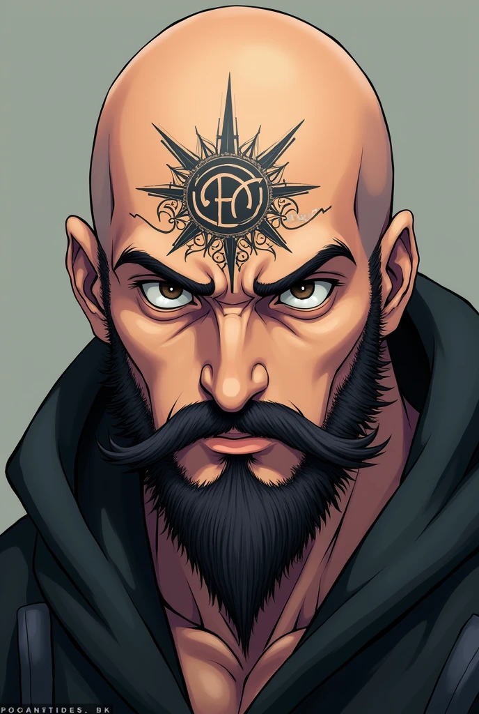 Bald man with anime beard,that has MEKAG0END10S tattooed on his forehead 