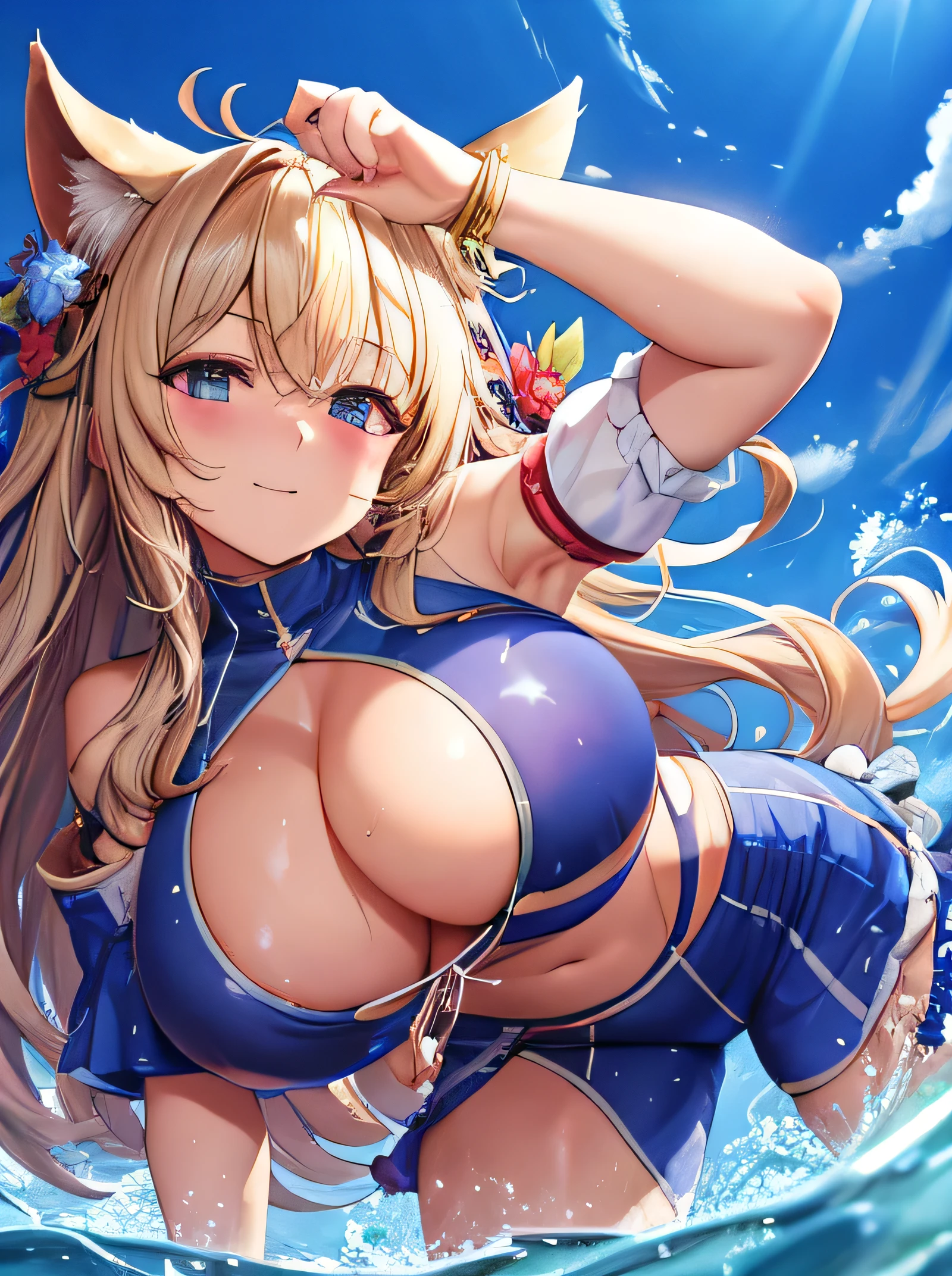 ((massive boob)), micro bikini, high cut, thick thigh, leaning forward, squished boob, chubby, belly, big butt, sweaty, cute face, small face, summer, long hair, blond hair, girl, sweaty, blue ocean, blue sky