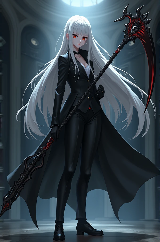 Anime character 1, white hair,black suit,black gloves,black shoes,Holding a scythe