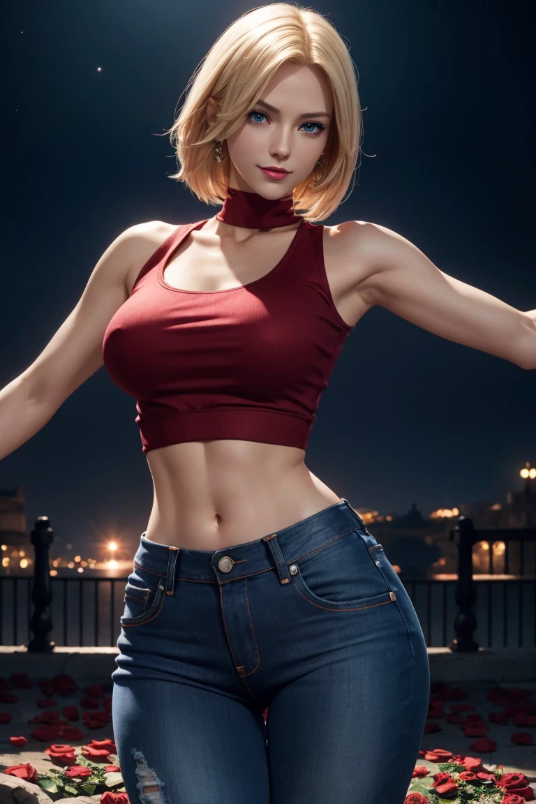 KOF,King of Fighters,Blue Mary,Blue Eyes,Blonde Hair,Medium Hair,Beautiful white skin,Photorealistic,Ultra HD,high quality,masterpiece,Digital SLR,Detailed details,Intricate details,Anatomical basis,Depicted in detail,A detailed face,Realistic skin texture,Vivid details,Perfect Anatomy,Perfect Anatomy,Anatomically correct hand,Anatomically correct fingers,Super Detail,Complex 3D rendering,Sexy pose,Red knit sleeveless top,jeans,Fantasy worldview,Beautiful red sea,Beautiful Red Moon,Beautiful night sky,Petals of roses dance,Picturesque,Pink Lips,smile,