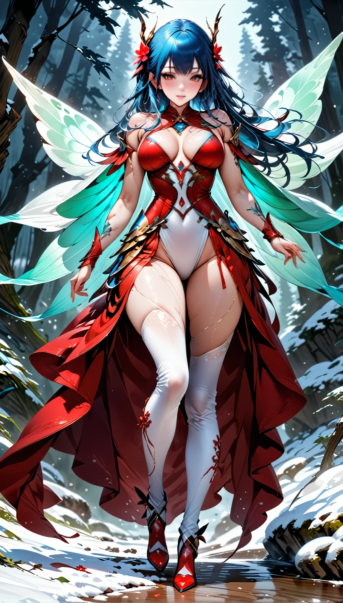 (oil painting art: 1.5) a most beautiful fairy playing in the snow, a beautiful fairy, spread butterfly wings, dynamic hair color, dynamic hair style, busty, wearing red silk dress, intricate silk, wearing high heels boots, she is playing the snow, fresh snow in the forest, high snow, High Detail, Ultra High Quality, High Resolution, 16K Resolution, Ultra HD Pictures, Ultra Realistic, Clear Details, Realistic Detail, Ultra High Definition