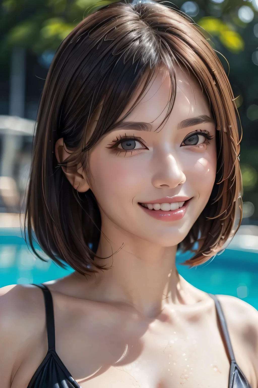 highest quality, figure, Ultra-detailed, finely, High resolution, 8K Wallpaper, 完璧なダイナミックな構figure, Beautiful Skin, (Big Eyes), 20 year old beautiful girl, Natural color lip, (Sexy pose), Mid chest, smile, Highly detailed face and skin texture, Detailed eyes, Double eyelid,leaking teeth and laughing, close-up, Black bob hair, (Khaki blouse:1.2), Beautiful Forest