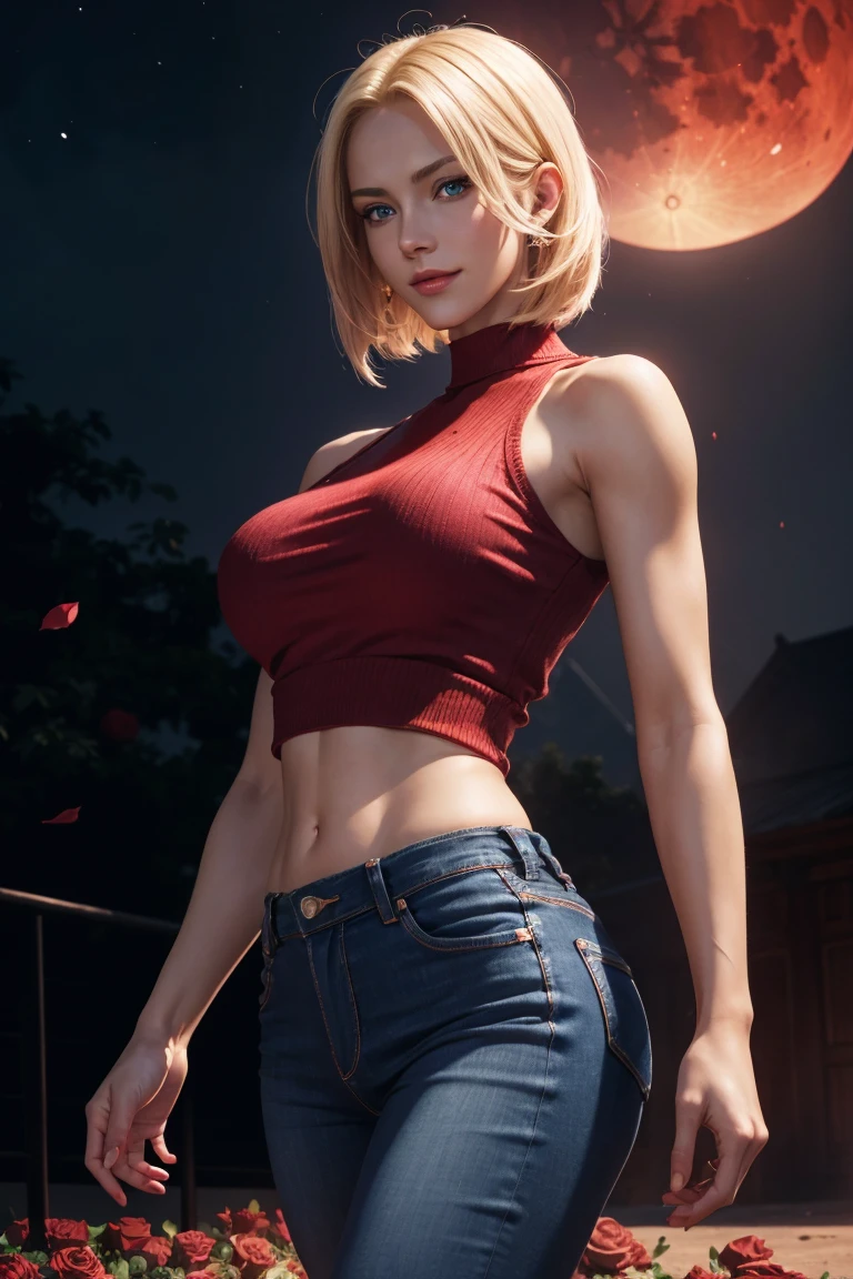 KOF,King of Fighters,Blue Mary,Blue Eyes,Blonde Hair,Medium Hair,Beautiful white skin,Photorealistic,Ultra HD,high quality,masterpiece,Digital SLR,Detailed details,Intricate details,Anatomical basis,Depicted in detail,A detailed face,Realistic skin texture,Vivid details,Perfect Anatomy,Perfect Anatomy,Anatomically correct hand,Anatomically correct fingers,Super Detail,Complex 3D rendering,Sexy pose,Red knit sleeveless top,jeans,Fantasy worldview,Beautiful red sea,Beautiful Red Moon,Beautiful night sky,Petals of roses dance,Picturesque,Pink Lips,smile,