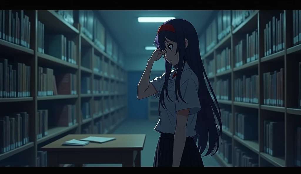May ((A female student with long, dark purple hair that reaches the middle of her back. She always wears a red headband. She have a brown eyes color. She is wearing a shirt and a black skirt.)) suddenly suddenly wakes up to a strange noise. She rubs her eyes and looks around the library, which now seems different. The dim lights create a scary atmosphere. She feels uneasy and notices that more time has passed than she thought. Her face was slightly puzzled. She stands up and looks around, noticing the bookshelves seem to move slightly in the shadows. She hears faint footsteps coming from a distance.