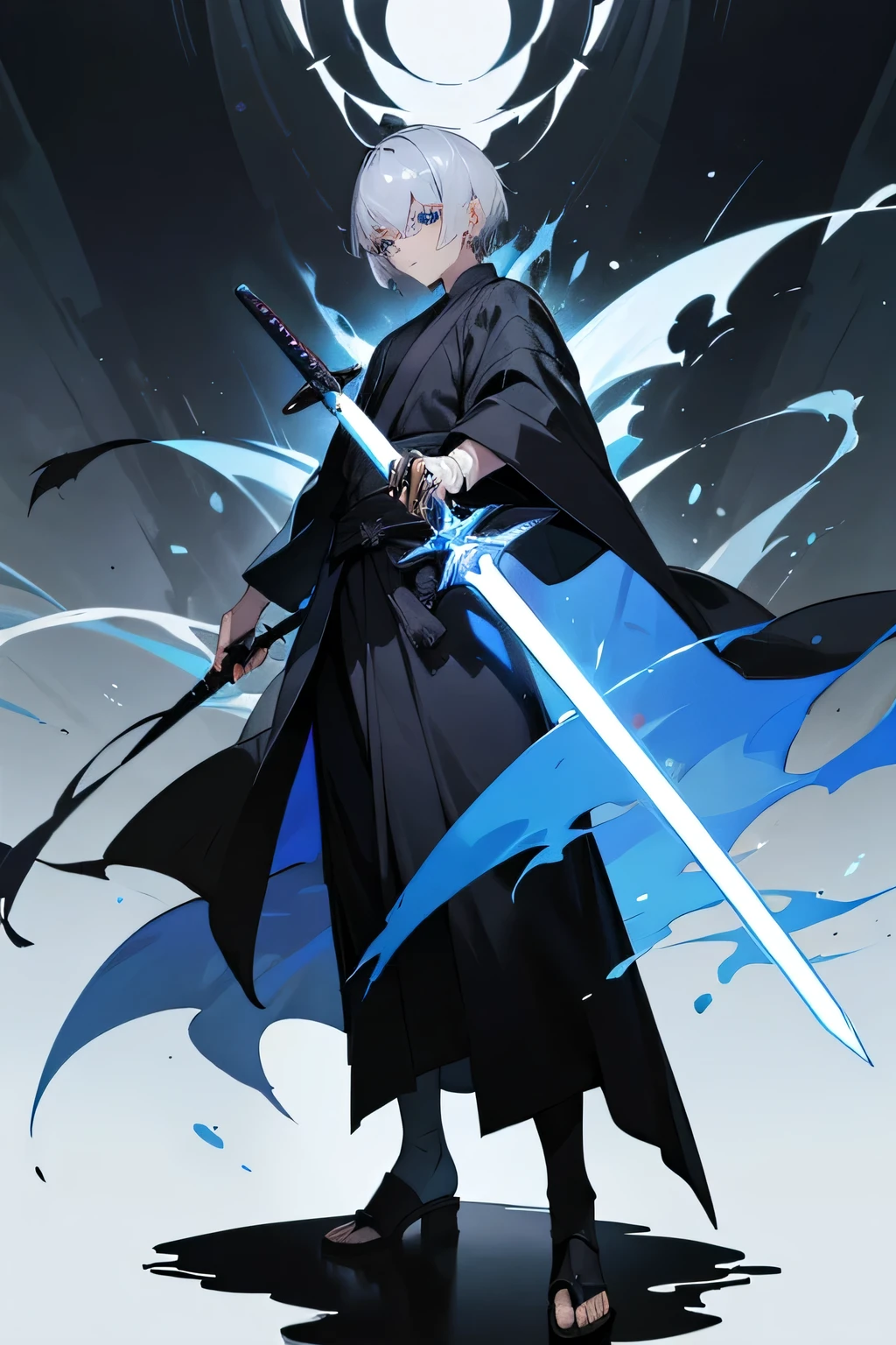 1man, silver hair, blue eyes, short hair, black robe, have a dual wielding sword, full body