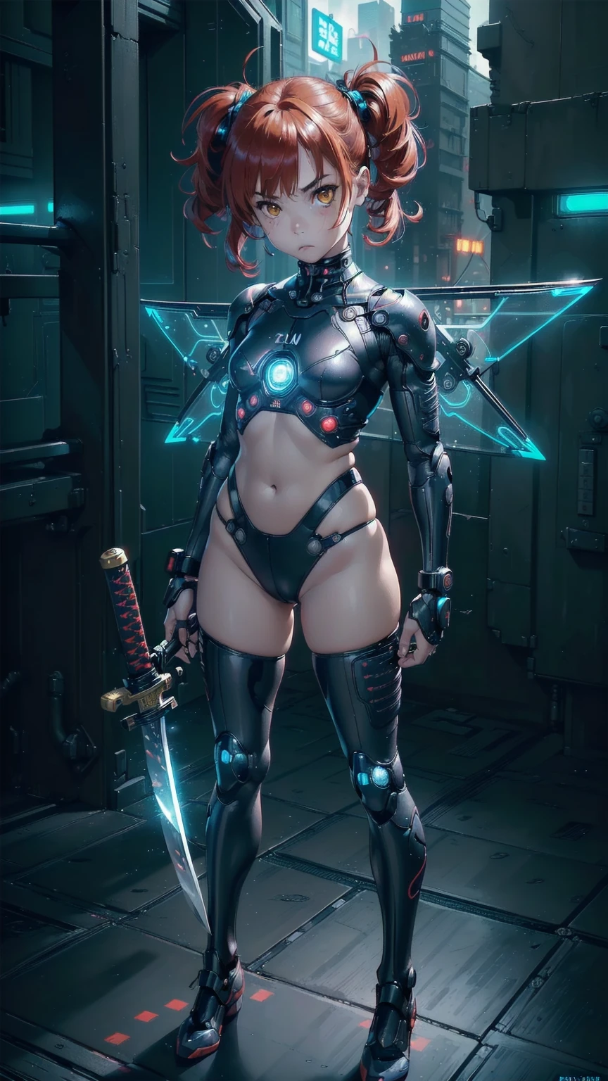 ((top quality, ultra-detailed, high resolution, extremely detailed CG, unity 8k wallpaper, by famous artist, perfect anatomy, super detailed skin, cinematic lighting, UHD, retina, anatomically correct, 1080P)), (Please draw a single one girl fighting in the war:1.3), ((1girl)), (Solo, face,:2.0), a , ((cute petit girl, chibi, babyface)) androgynous cha((Medium hair)), ((full red hair)) ((redhead)), pigtails, straight bangs, ((very thin legs)), ((skinny legs, thin body, small build)), Full limbs, complete fingers, ((perfect fingers and hands)), flat chest, small breasts, childish body, small butt, groin, Beautiful detailed full yellow gold eyes, perfect eyes, (Detailed Lighting), ((World War III background)), (Detailed scenary background), full body view, ((standing)), legs. Cute, kawaii single girl (one girl), full body shot, front body, ((energy katana:1.3)), ((little young body:1.3)), ((A female warrior wearing a dark navy, high-tech cyberpunk armor that fits tightly to her skin, with neon blue glowing stripes throughout the suit. She has mechanical energy wings extending from her back, giving a futuristic and powerful appearance)), ((wielding an energy katana)), ((A natural, correctly proportioned hands)), ((Straight bangs cut just to the eyebrows, perfectly aligned and not moving to the side:1.3)), ((children:1.5)), ((cyberpunk)), ((sci-fi))