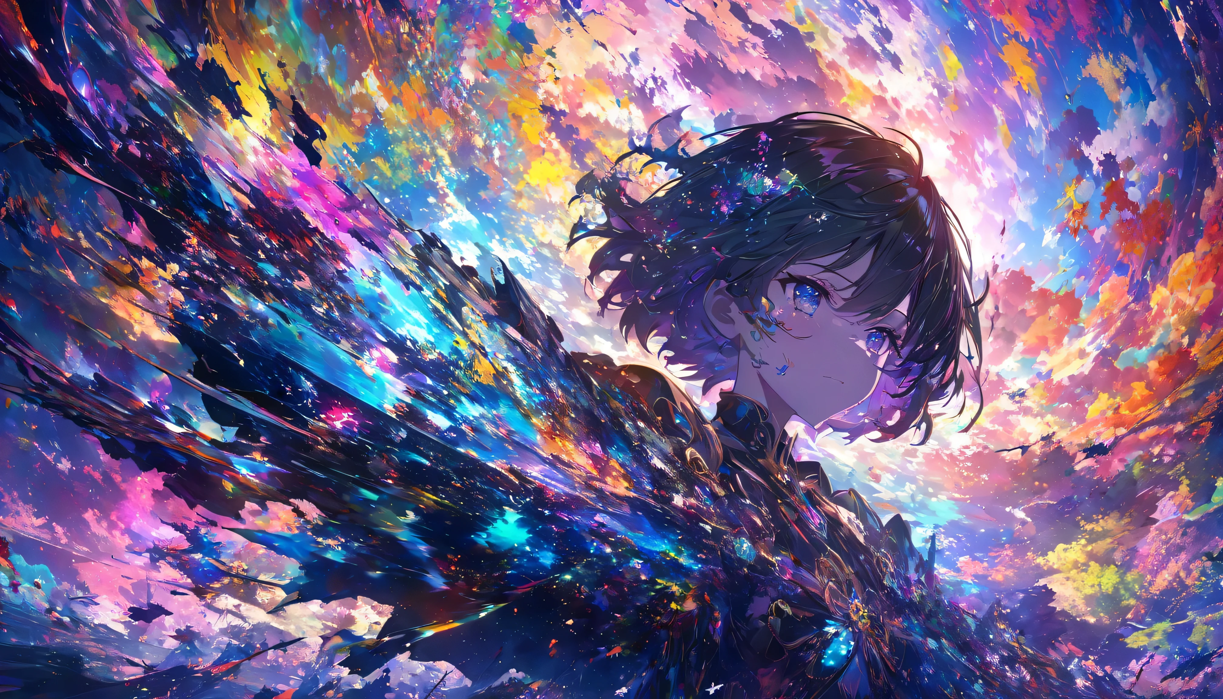 Close-up of a person holding a sword in front of a colorful background, anime art wallpaper 4k, anime art wallpaper 4k, Super colorful, anime abstract art, Dreamy psychedelic anime, Detailed anime art, Anime Style 4k, Anime Art Wallpapers 8K, Detailed digital anime art, Complex and gorgeous anime CGI style, Anime style digital art, By Yuumei