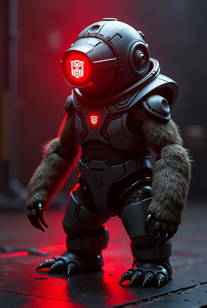 Sloth with transformers costume and helmet with red neon ligh glowing in standing with red neon ligh glowing