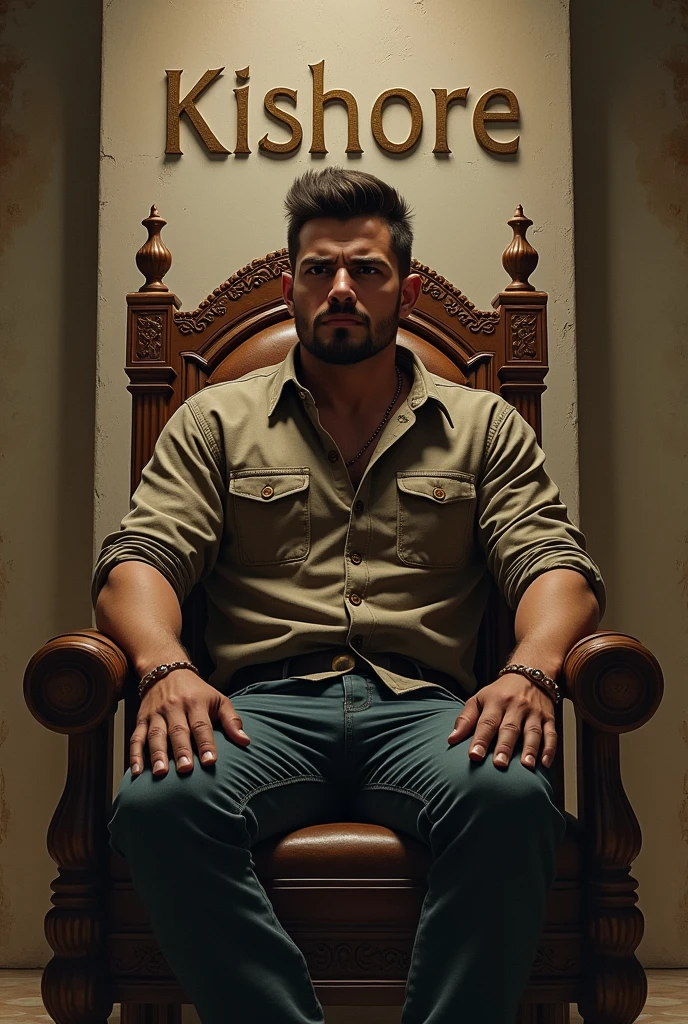 A yong rugged man sitting in the grand chair in front of the wall and in tha wall the word KISHORE was written