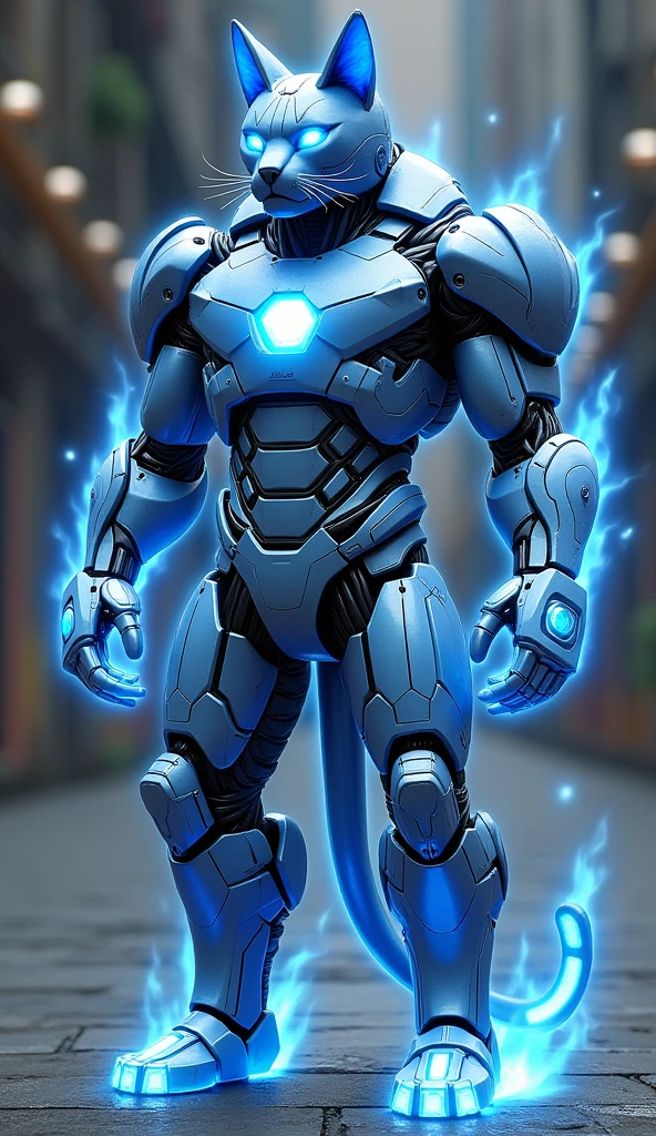 A burly blue cat shaped like Iron man, add blue flame effect on each side of the body