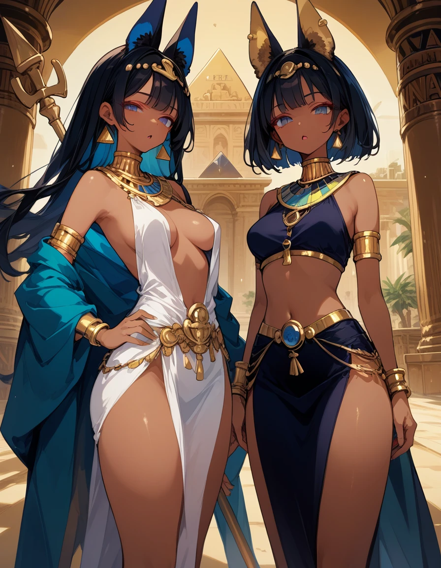 score_10,score_9_up,score_8_up,score_7_up, hadrian, medium breasts,expressionless, looking at viewer, seductive, with Pyramid of Khufu view, in Egypt, female anubis, egyptian clothes, egyptian mythology, truncheon,staff, long black hair, dark skin, open mouth, lewd, cowboy shot, nice hips, hand on hip, hip sway, half open eyes, thick thighs,