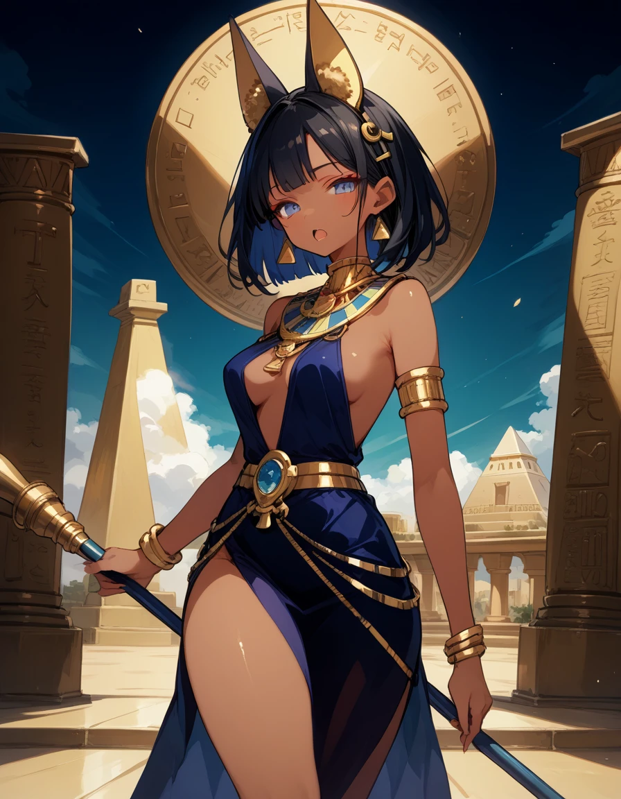 Masterpiece 1.3, 8k resolution, ultra-realistic, very detailed), (Intricate Detail), Perfect Detail Face, Detailed Eyes, Very Detailed, Blush, Lipstick, full body, waist constriction, beautiful legs, taut skin, very detailed face and skin texture, double eyelids, pale cheeks, healthy skin, (exposed chest), (Natural breasts, natural cleavage), (Seductive appearance: 1.5), (((warpaint))), Detailed Background, Realistic Photo, Sharp Focus: 1.2, Perfect + Slender Style, standing, ((Looking at the camera))), (1 girl, queen, gold border black pleated skirt) [Egyptian style, curls hair, blue hair, blue eyes, cat ears, eye of horus tattoo, thigh socks, black socks, barefoot, toes, ((Hieroglyphs Pattern building, dynamic lights, dynamic angle, the most beautiful form of chaos, (vivid colours)))]