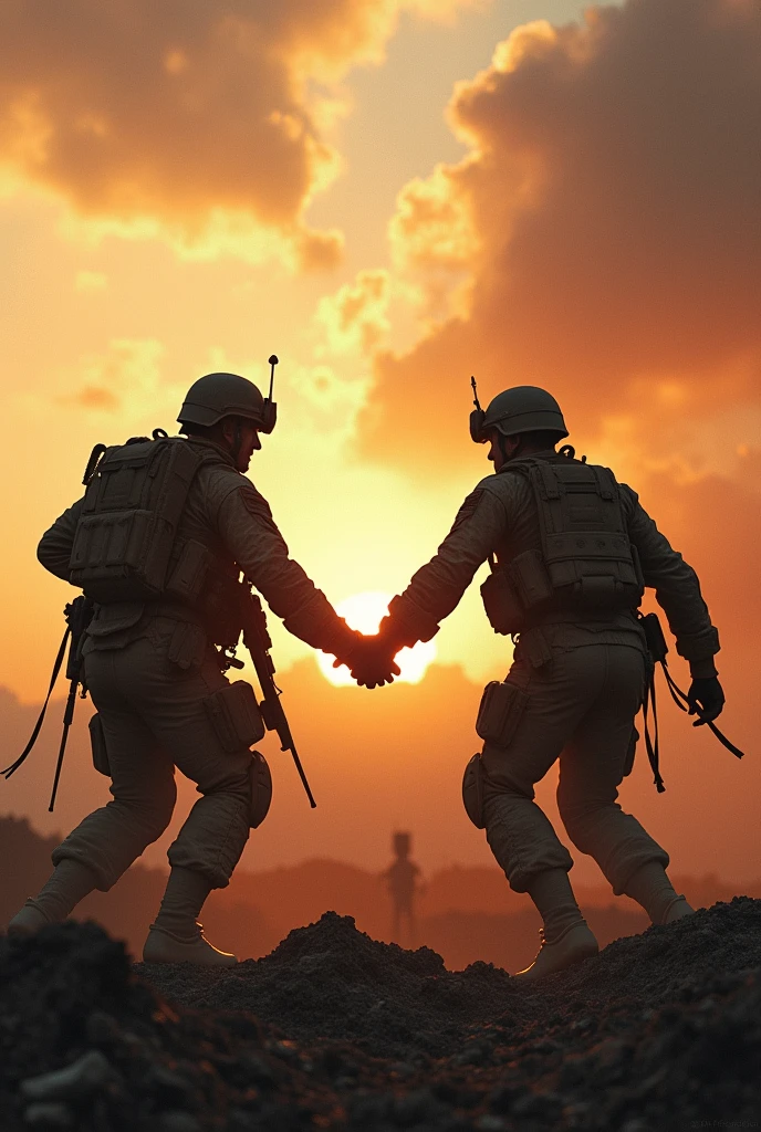 Battlefield and two soldiers fighting for each other for their nation. Write down the title " Warriors of the nation"