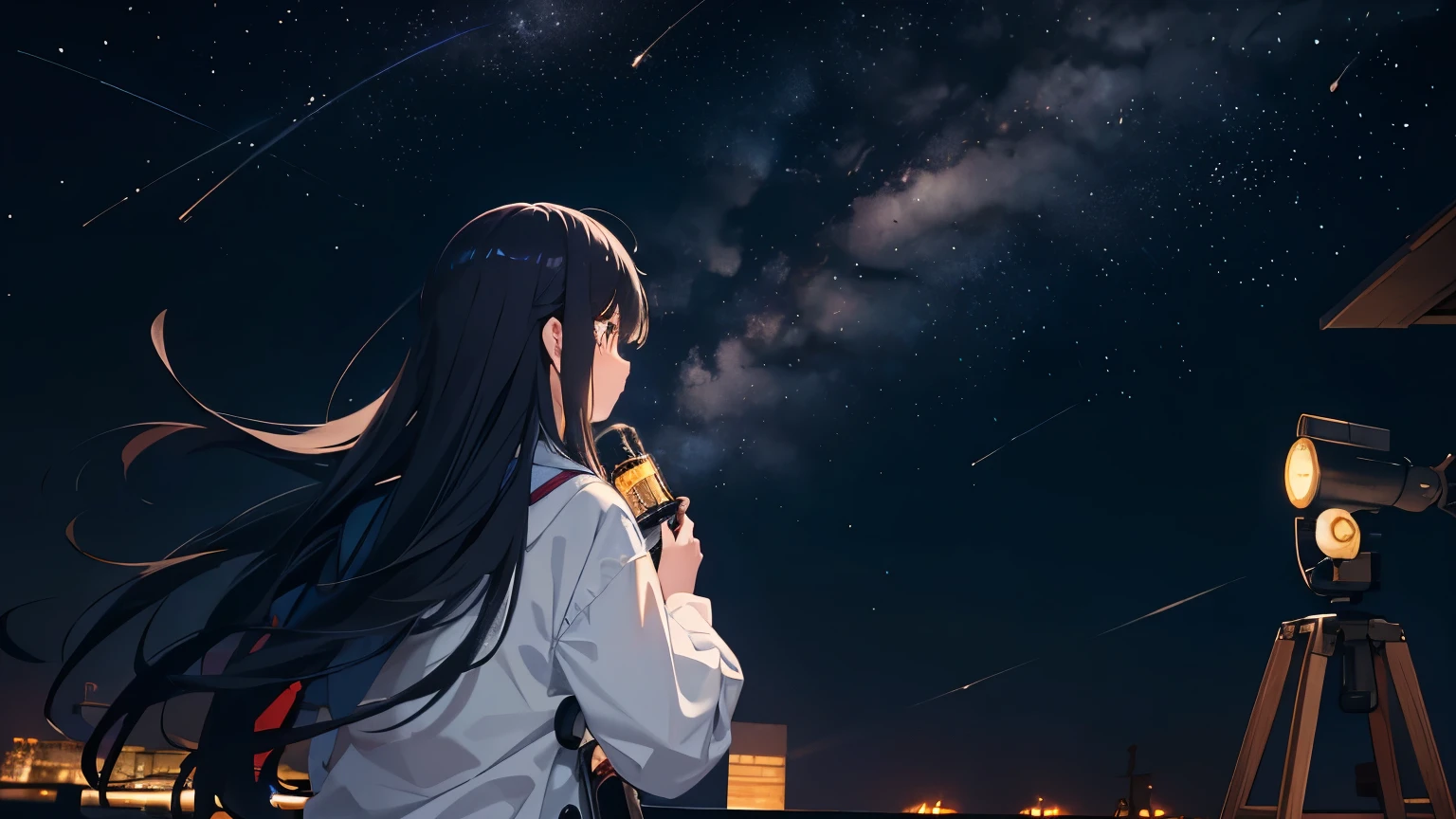 1. Astronomy Club Activities • 「夜空を見上げる天文学部の内向的な少年and、A scene of a bright transfer girl observing the starry sky using a telescope。Stars shining in the night sky々and、Depicting the serious expressions of the two。」