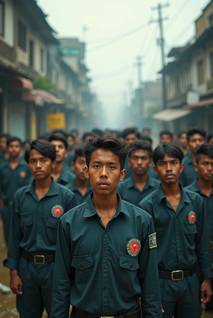 2024 flood in Bangladesh with the same frame of student protest of Bangladesh in 2024, with bgmea student of fashion and technology male students for my Facebook profile picture