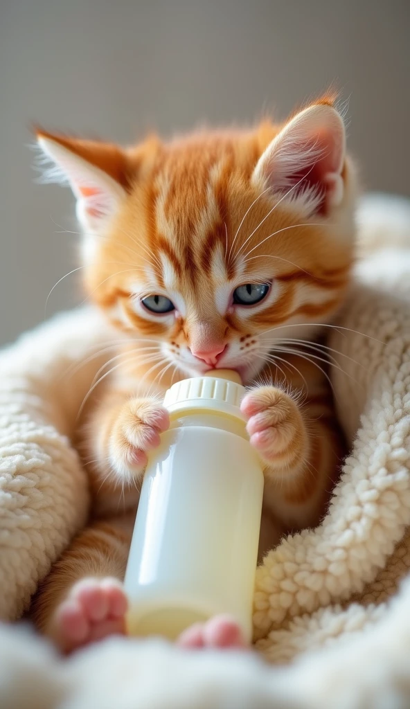 A tiny, orange tabby kitten eagerly drinking from a  bottle, its little nose pressed against the soft plastic. The scene is warm, with the kitten nestled in a soft blanket.