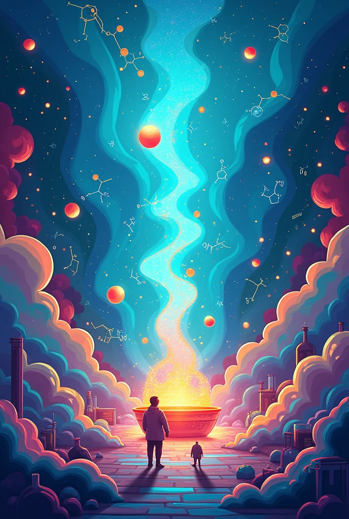 cool cover fb photo for a pharmacist, no human just chemicals reacting and equations equating and wonders wondering, cartoon
