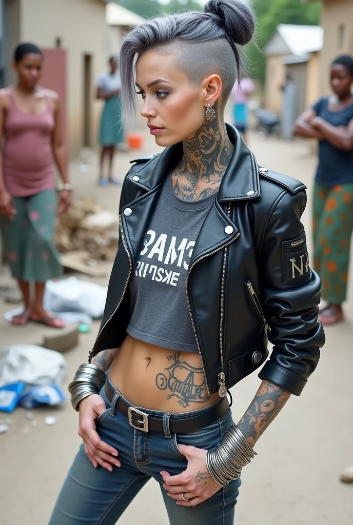 russian milf woman, grey hair (high pouf, shaved sides, top bun), with very light blue eyes, extremely pale skin. All neck tattooed. All stomach tattoed. All chest tattooed.All hands tattooed.Wearing aged black moto jacket with lots of zippers and pins, flipped up collar. Cropped dark grey t-shirt with rock band logo. Dark grey skinny low rise jeans.. wide black studded belt. hands in pockets, chin up, stretching her neck , humble facial expression.. Listening with tilted head, looking up to somebody more clever speaking to her. Well toned abdominals, thin neck, slim legs and thin arms. Narrow hips. Dirt street in Kenyan village full of waste. Lots of silver bracelets. A lot of tanned fat women in traditional dresses around looking down at her
