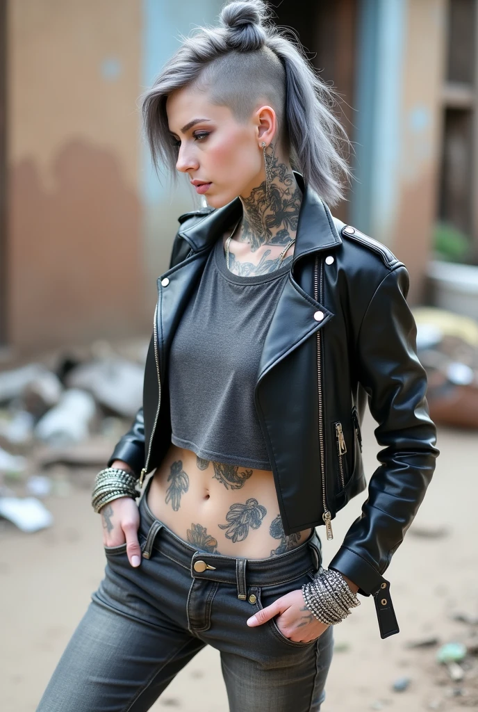 russian milf woman, grey hair (pouf, shaved sides, top bun), with very light blue eyes, extremely pale skin. All neck tattooed. All stomach tattoed. All chest tattooed.All hands tattooed.Wearing aged black moto jacket with lots of zippers and pins, flipped up collar. Cropped dark grey t-shirt with rock band logo. Dark grey skinny low rise jeans.. wide black studded belt. hands in pockets, chin up, stretching her neck , humble facial expression.. Listening with tilted head, looking up to somebody more clever speaking to her. Well toned abdominals, thin neck, slim legs and thin arms. Narrow hips. Dirt street in Kenyan village full of waste. Lots of silver bracelets. A lot of tanned fat women in traditional dresses around looking down at her