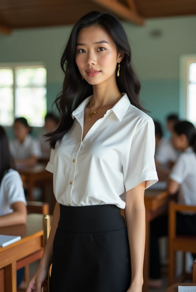 Beautiful Thai girl with smooth skin, black hair, dark brown eyes, gold pendant (medium chest), wearing Thai teacher's outfit, white short-sleeved shirt, black hot skirt, slim fit, holding a small wooden stick in her hand, standing and posing in the classroom, background is a classroom, student desks and chairs, the most realistic image