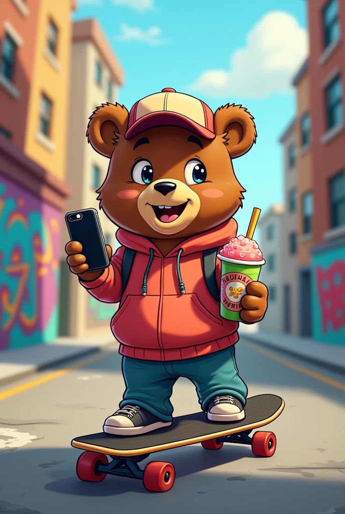 Cute bear with Hoodie and Basecap ,ON a Skateboard,in Hand Smartphone and Something to Drink,on street, cartoon, grafitti 