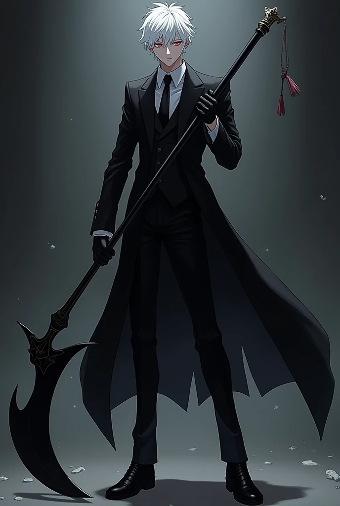 Anime character 1 boy, white hair,black suit,black gloves,black shoes,Holding a scythe 
