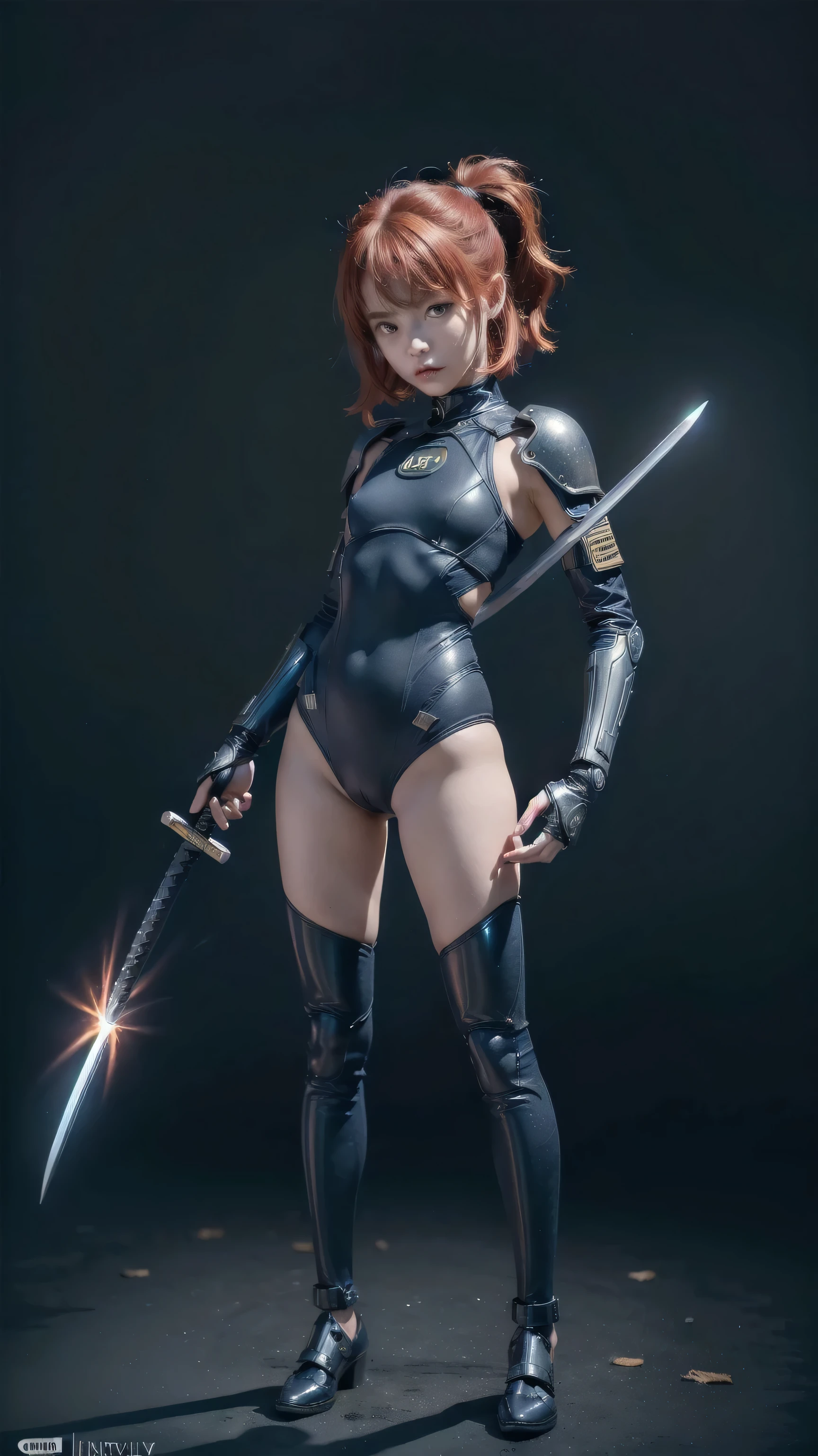 ((top quality, ultra-detailed, high resolution, extremely detailed CG, unity 8k wallpaper, by famous artist, perfect anatomy, super detailed skin, cinematic lighting, UHD, retina, anatomically correct, 1080P)), (Please draw a single one girl fighting in the war:1.3), ((1girl)), (Solo, face,:2.0), a junior high school student, ((cute petit girl, chibi, babyface)) androgynous charm, ((Medium hair)), ((full red hair)) ((redhead)), pigtails, straight bangs, ((very thin legs)), ((skinny legs, thin body, small build)), Full limbs, complete fingers, ((perfect fingers and hands)), flat chest, small breasts, childish body, small butt, groin, Beautiful detailed full yellow gold eyes, perfect eyes, (Detailed Lighting), ((World War III background)), (Detailed scenary background), full body view, ((standing)), legs. Cute, kawaii single girl (one girl), full body shot, front body, ((energy katana:1.3)), ((little young body:1.3)), ((A female warrior wearing a dark navy, high-tech armor that fits tightly to her skin, with neon blue glowing stripes throughout the suit. She has mechanical energy wings extending from her back, giving a futuristic and powerful appearance)), ((wielding an energy katana)), ((A natural, correctly proportioned hands)), ((Straight bangs cut just to the eyebrows, perfectly aligned and not moving to the side:1.3)), ((children:1.5))